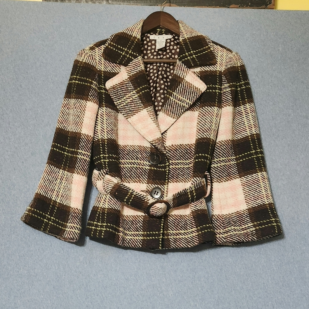 Cabi Kate brown pink plaid coat. Size 6
